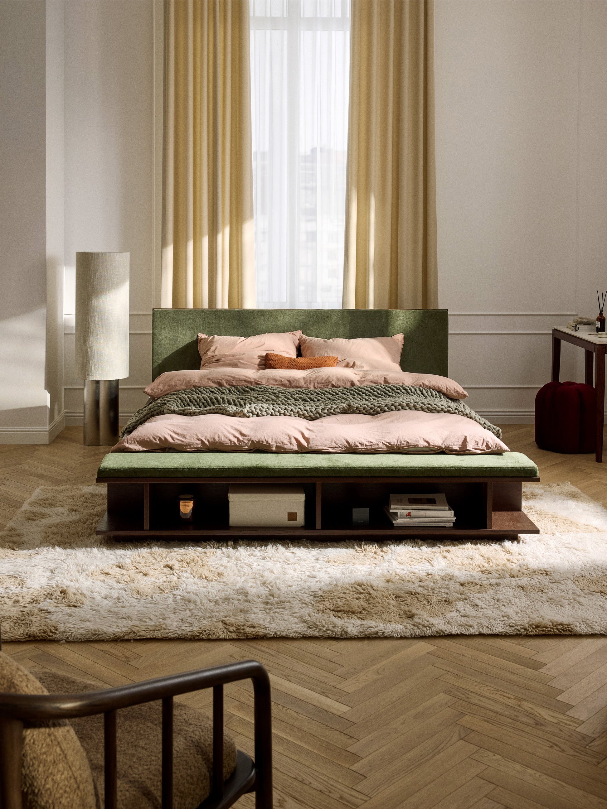 Warehamy Clark Wooden Bed Frame, Bench and Side Shelves