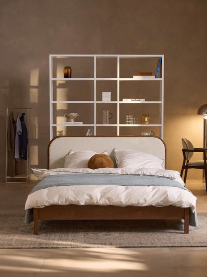 Warehamy Jones Wooden Bed, Bouclé Headboard