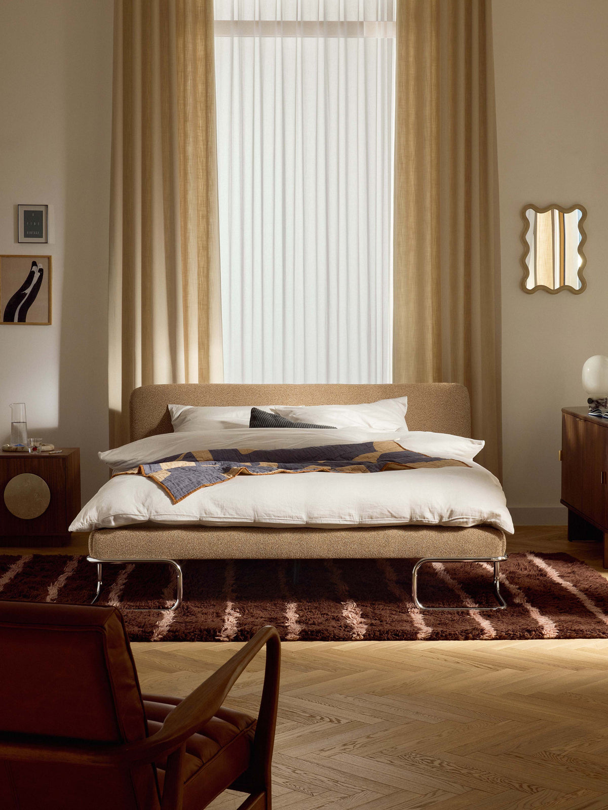 Warehamy Olina Upholstered Bouclé Bed with Metal Legs