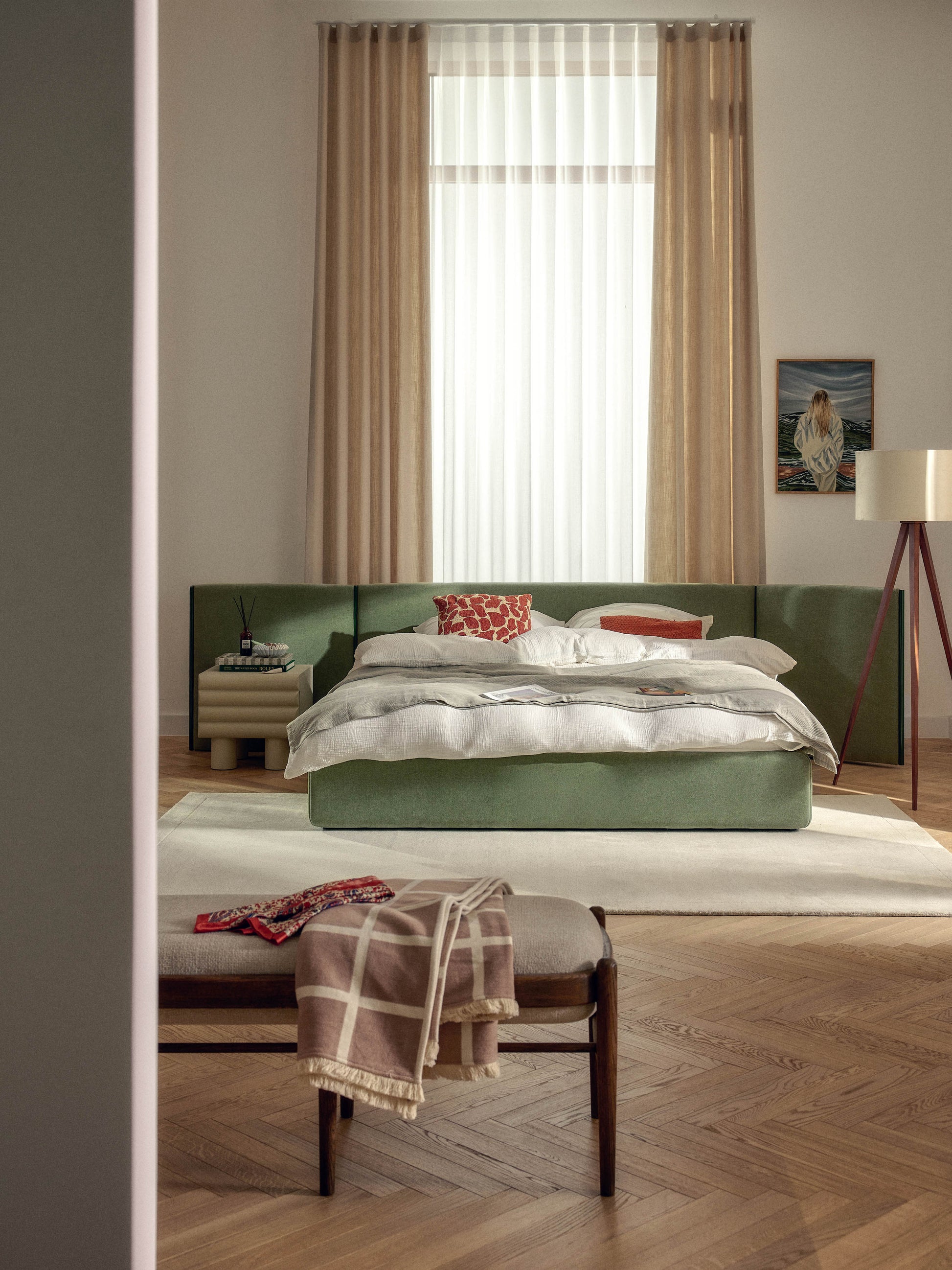 Warehamy Otis Bed, Upholstered, with Folding Headboard