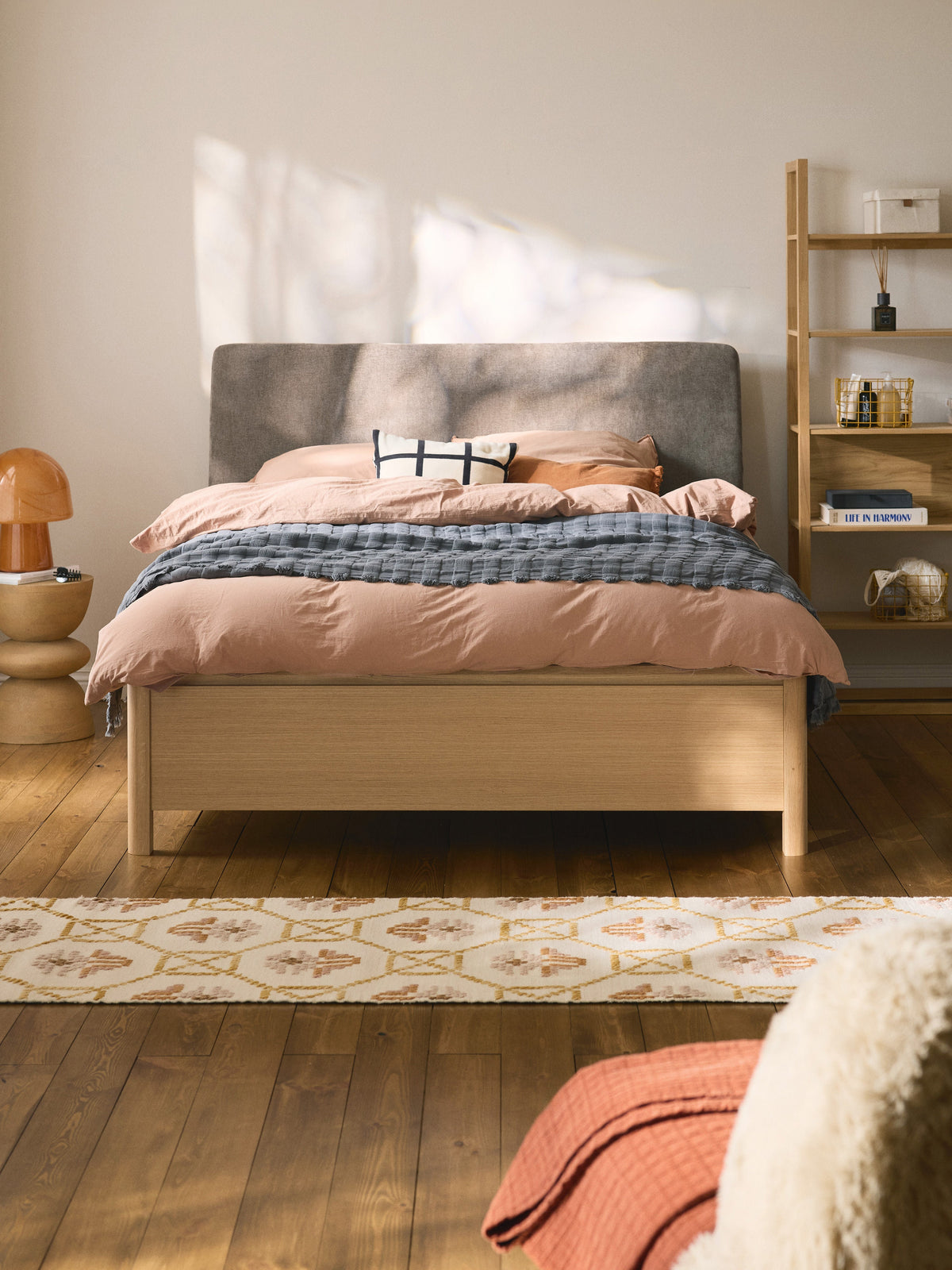 Warehamy Santiago Wooden Bed, Upholstered Headboard and Drawers