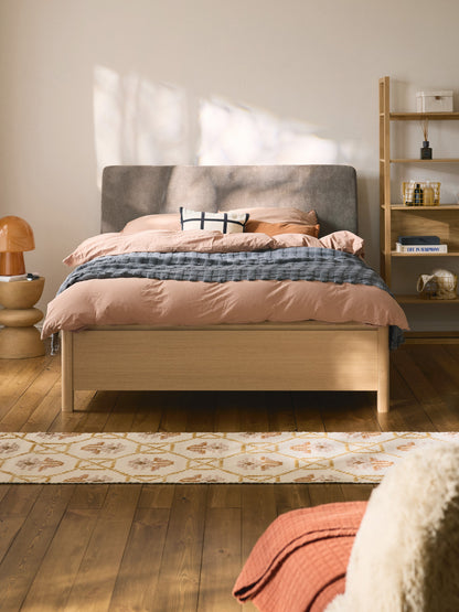 Warehamy Santiago Wooden Bed, Upholstered Headboard and Drawers