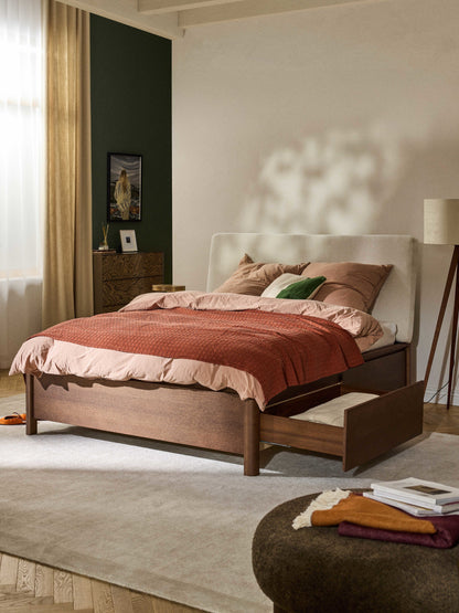 Warehamy Santiago Wooden Bed, Upholstered Headboard and Drawers