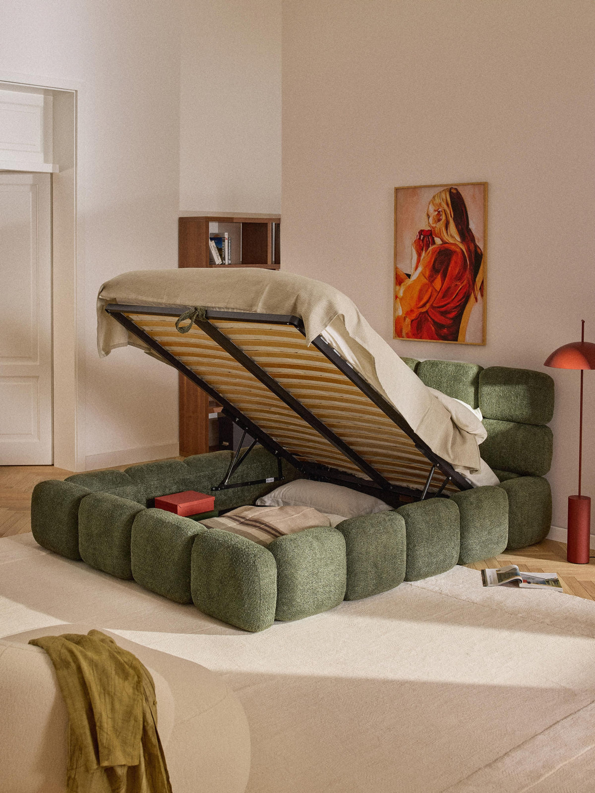 Warehamy Tayla Storage Bed, Upholstered in Teddy Bouclé
