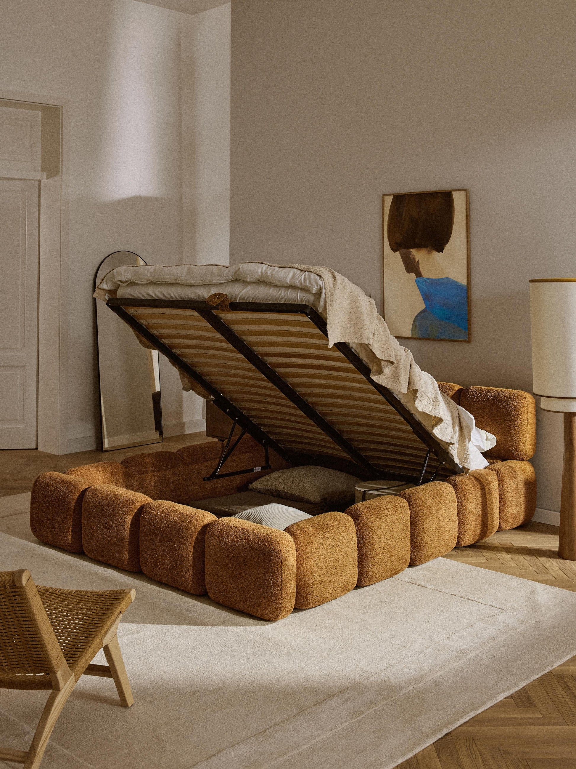 Warehamy Tayla Storage Bed, Upholstered in Teddy Bouclé