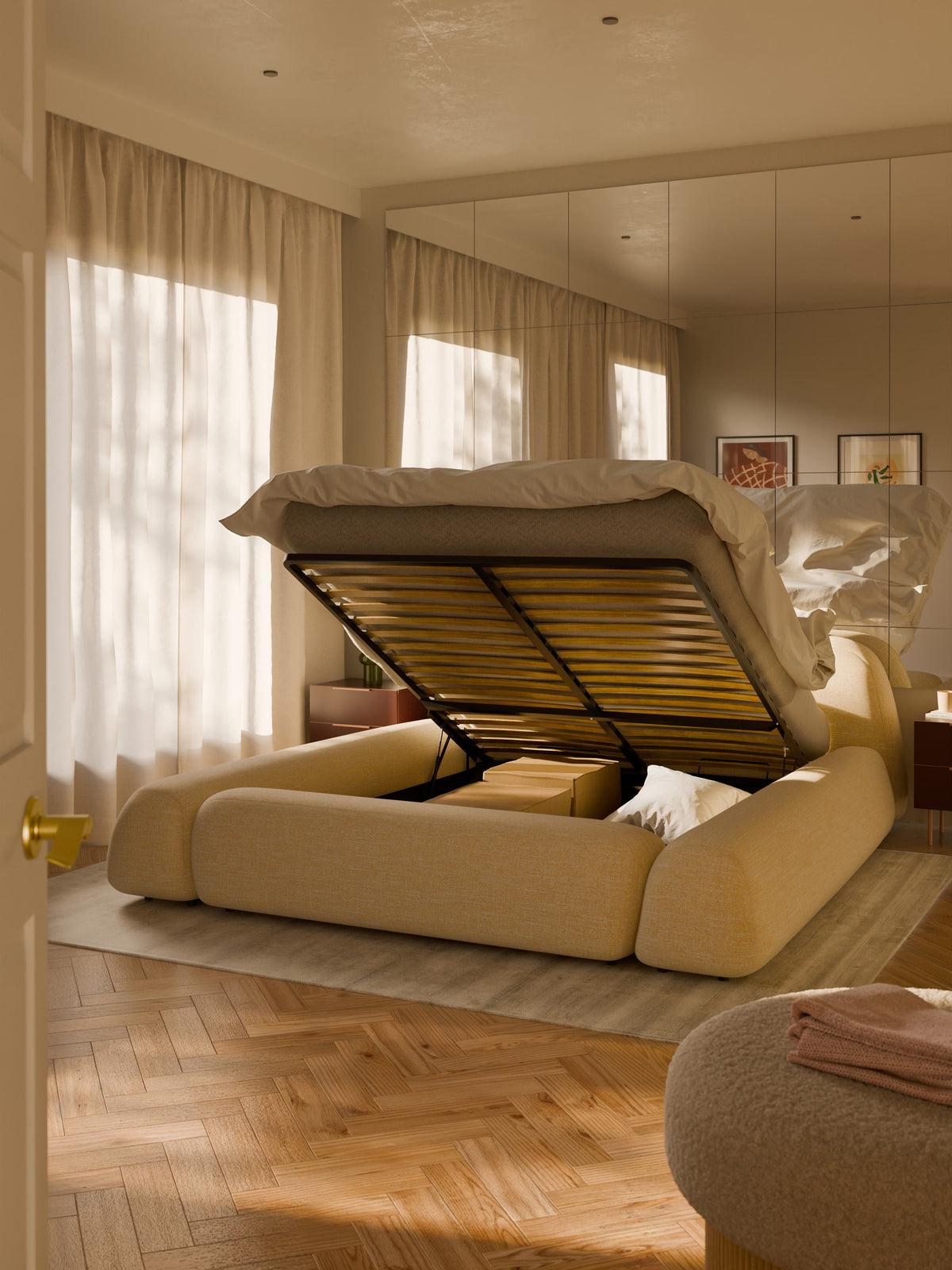 Warehamy Wolke Storage Bed, Upholstered in Bouclé